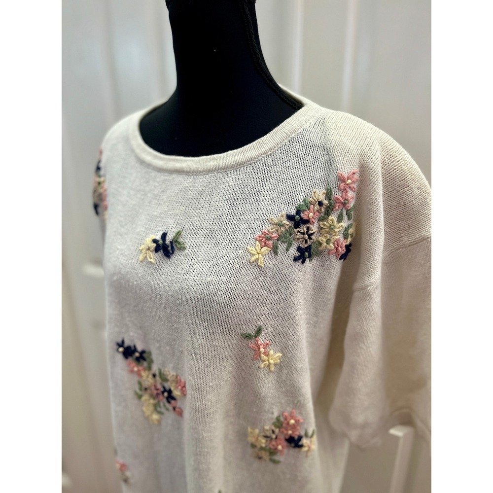 Vintage Floral Embroidered Sweater Cream Short Sleeve Knit Top Plus Size 18/20